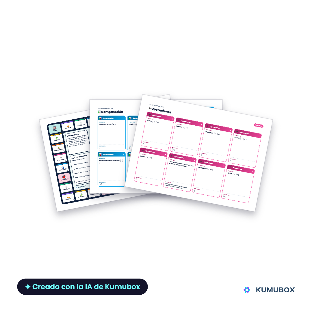 Juego imprimible de fracciones para 5.º de Primaria con tablero de 30 casillas y 48 tarjetas sobre conceptos, equivalencias, comparación, operaciones, representación y problemas.