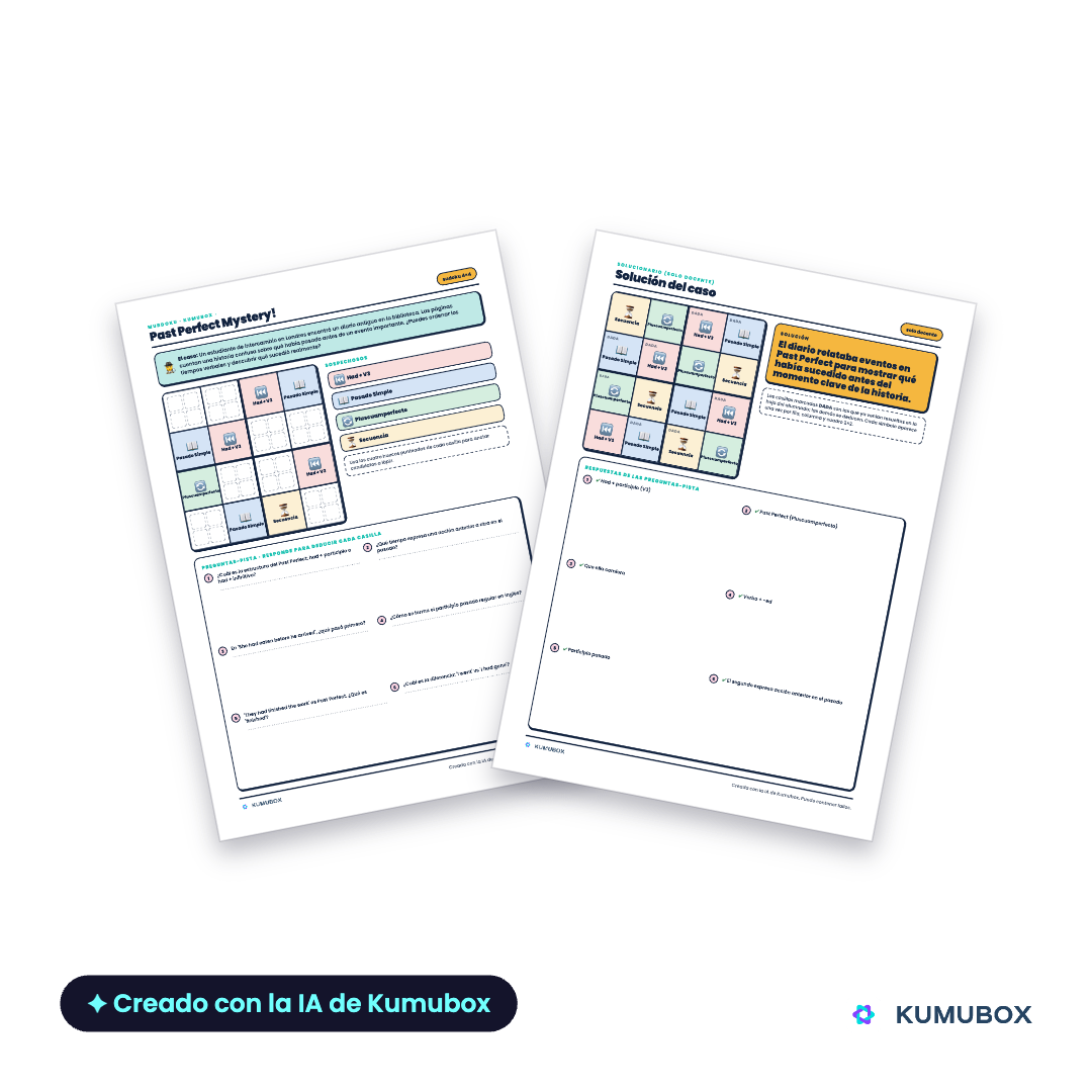 Sudoku imprimible de inglés para 3º de ESO con seis preguntas-pista para practicar Past Perfect, Past Simple y secuencias narrativas.