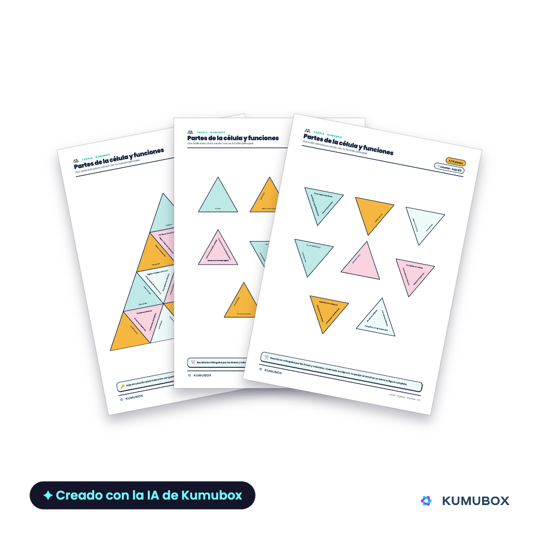 Tarsia imprimible de Biología para 1º de ESO: relaciona orgánulos y estructuras celulares con sus funciones mediante 16 piezas triangulares.