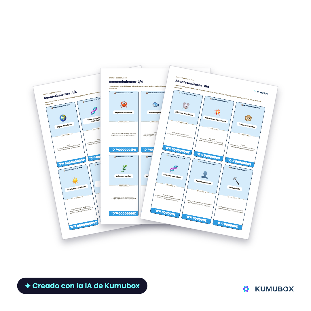 Juego de cartas de doble cara para ordenar cronológicamente hechos sobre el origen y evolución de la vida. Imprimible para ESO.