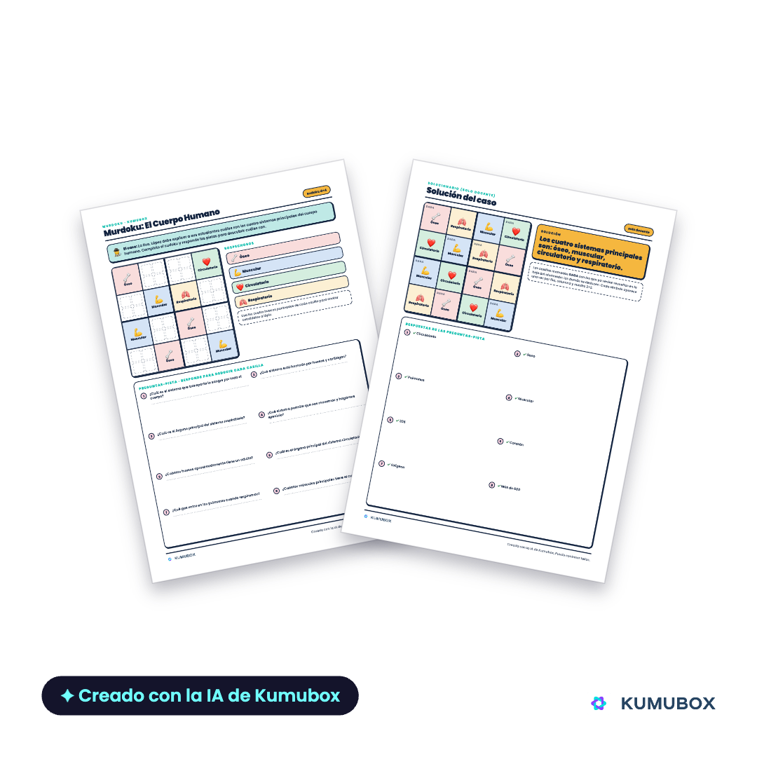 Murdoku imprimible para 3.º de Primaria que combina un sudoku 4×4 y ocho preguntas sobre los sistemas óseo, muscular, circulatorio y respiratorio.