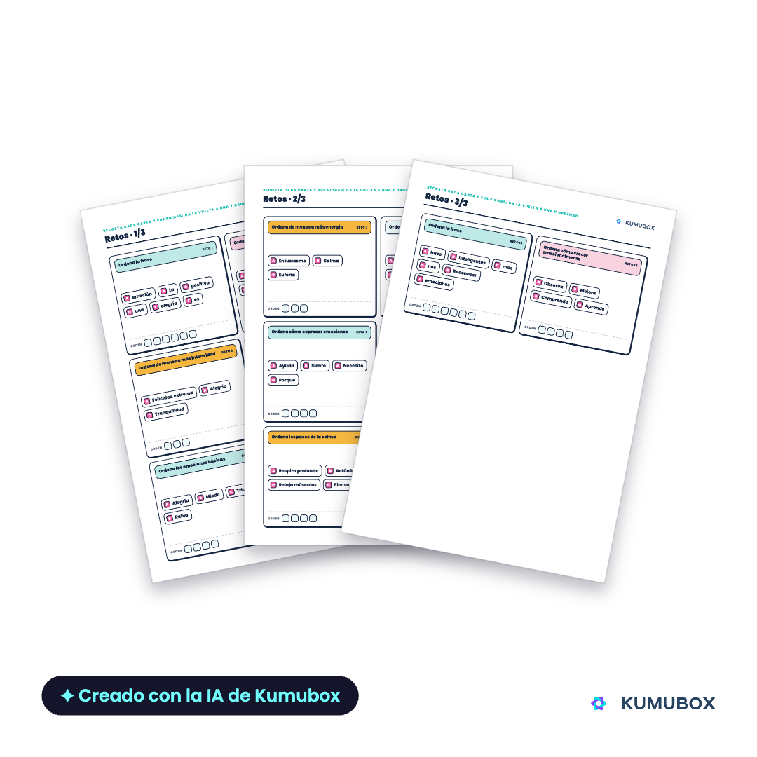 Juego imprimible de educación emocional para 4.º de Primaria con 14 retos de ordenación sobre emociones, respuestas corporales y estrategias de regulación.