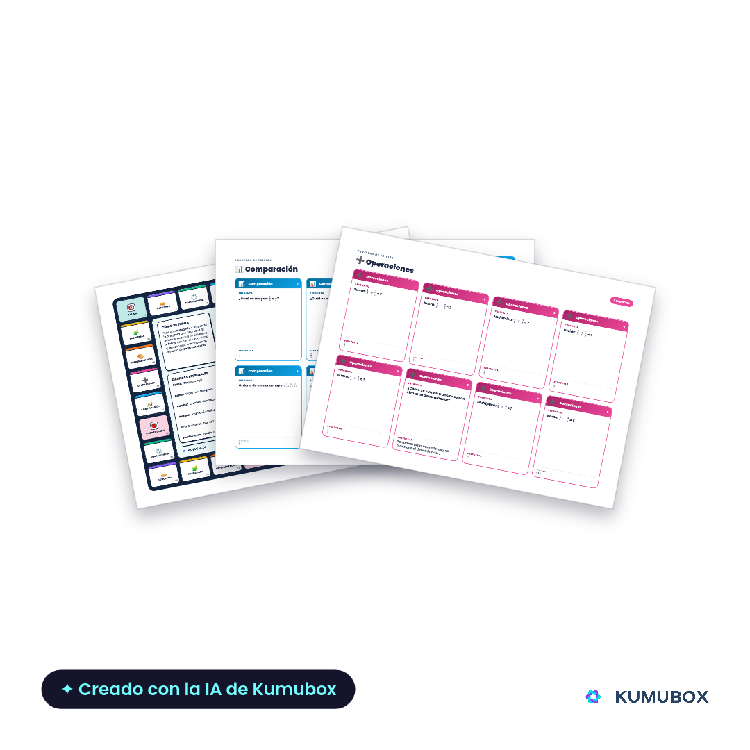 Juego imprimible de fracciones para 5.º de Primaria con tablero de 30 casillas y 48 tarjetas sobre conceptos, equivalencias, comparación, operaciones, representación y problemas.