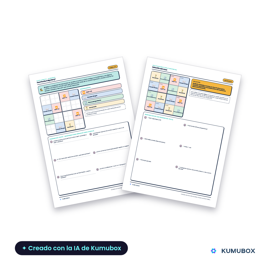 Sudoku imprimible de inglés para 3º de ESO con seis preguntas-pista para practicar Past Perfect, Past Simple y secuencias narrativas.