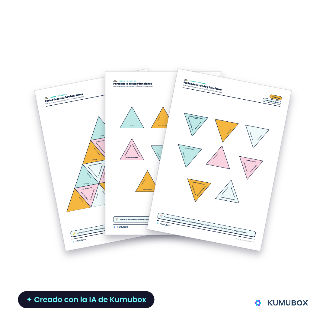 Tarsia imprimible de Biología para 1º de ESO: relaciona orgánulos y estructuras celulares con sus funciones mediante 16 piezas triangulares.