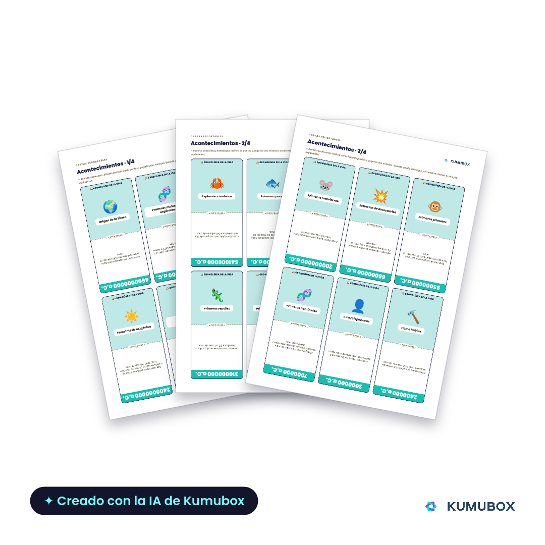 Juego de cartas de doble cara para ordenar cronológicamente hechos sobre el origen y evolución de la vida. Imprimible para ESO.