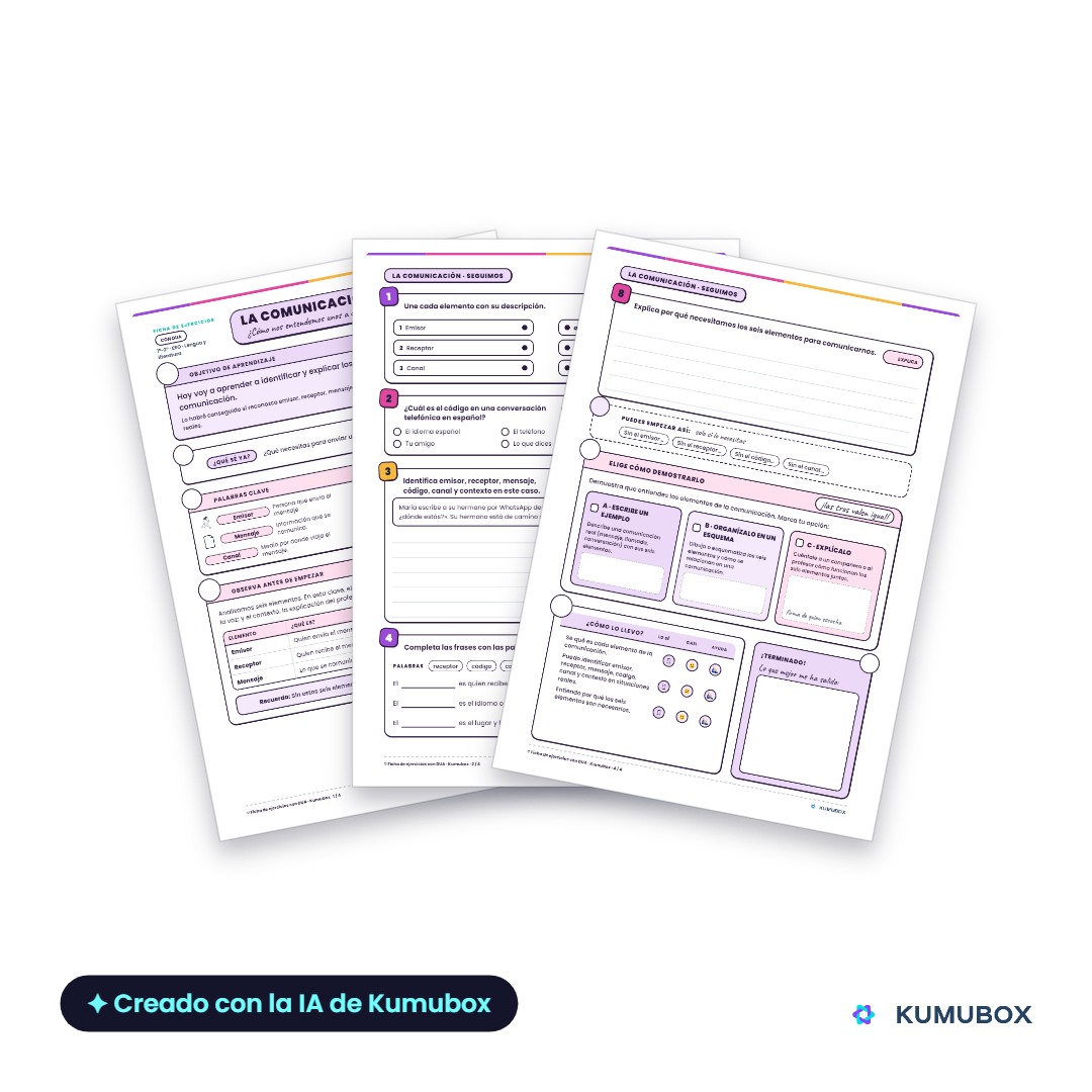 Ficha de Lengua para 1.º y 2.º de ESO con ocho ejercicios sobre los elementos de la comunicación, apoyos DUA y solucionario docente.