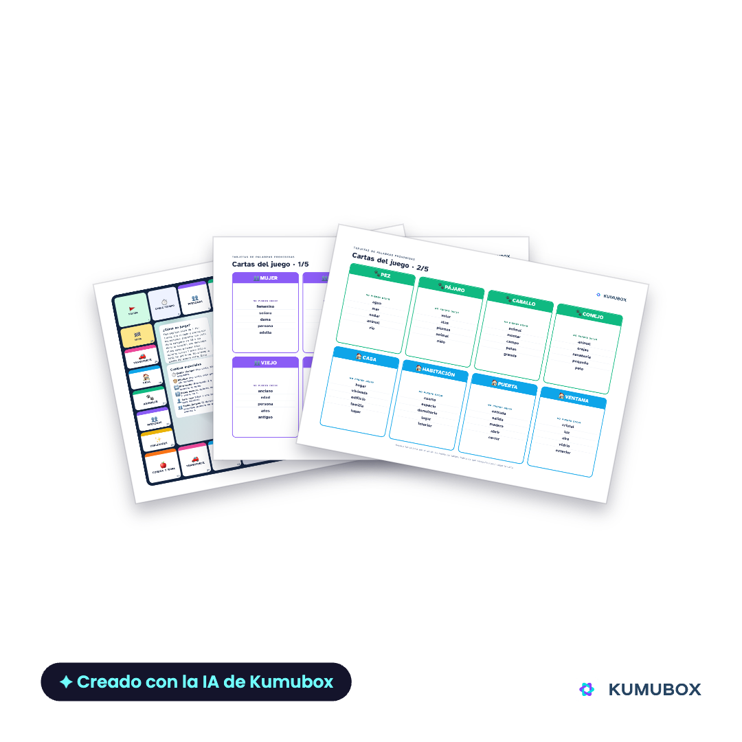 Practica vocabulario y expresión oral en español A1 con 36 tarjetas de palabras prohibidas, tablero de 30 casillas y apoyos para principiantes.
