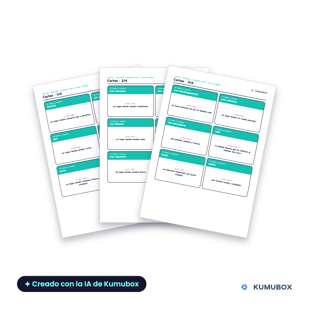 Juego de 24 cartas en cadena para practicar vocabulario de ciudad, tiendas y comida y expresiones para pedir información en español.