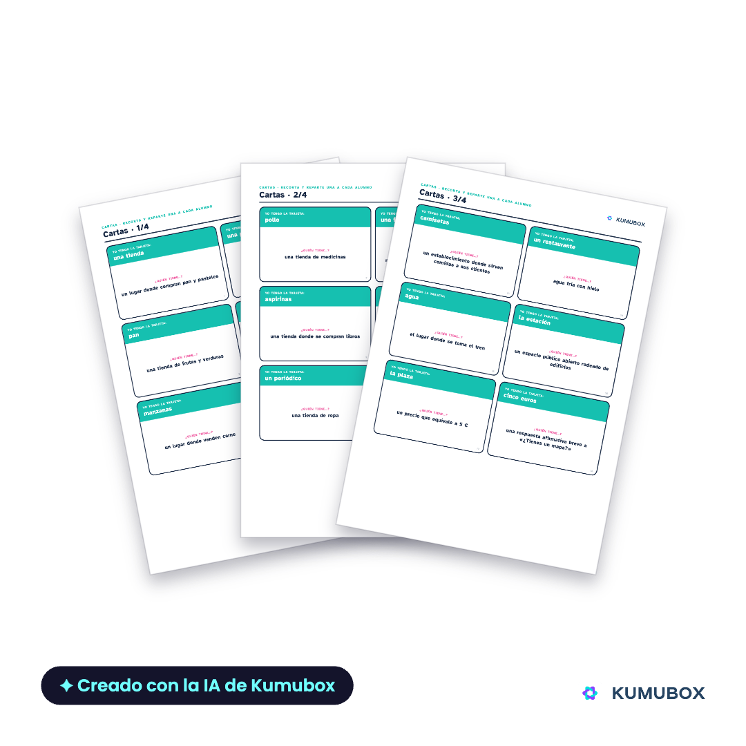 24 cartas en cadena para practicar vocabulario de tiendas y lugares de la ciudad y expresiones para pedir y dar información en español.