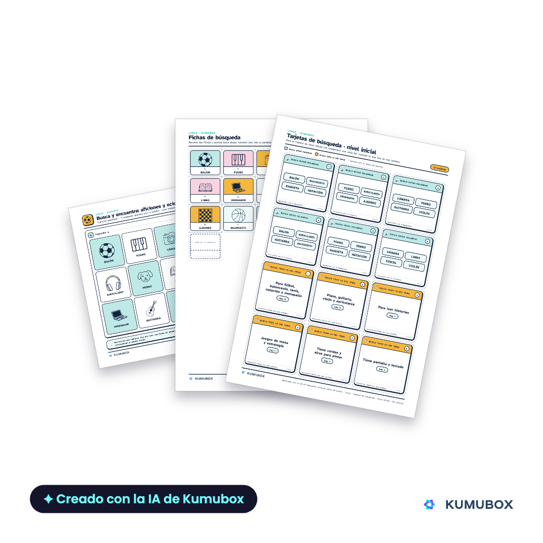 Juego imprimible de aficiones y ocio en español: tablero visual, apoyos con palabras, pistas y tarjetas de búsqueda para practicar vocabulario.
