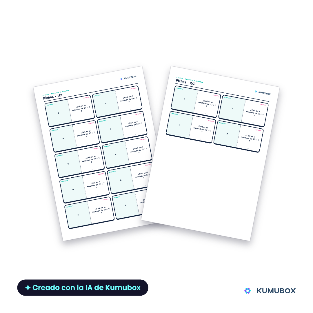 Dominó imprimible de 14 fichas para practicar divisiones exactas en 4.º de Primaria. Incluye guía docente y reto cooperativo para 2–4 participantes.