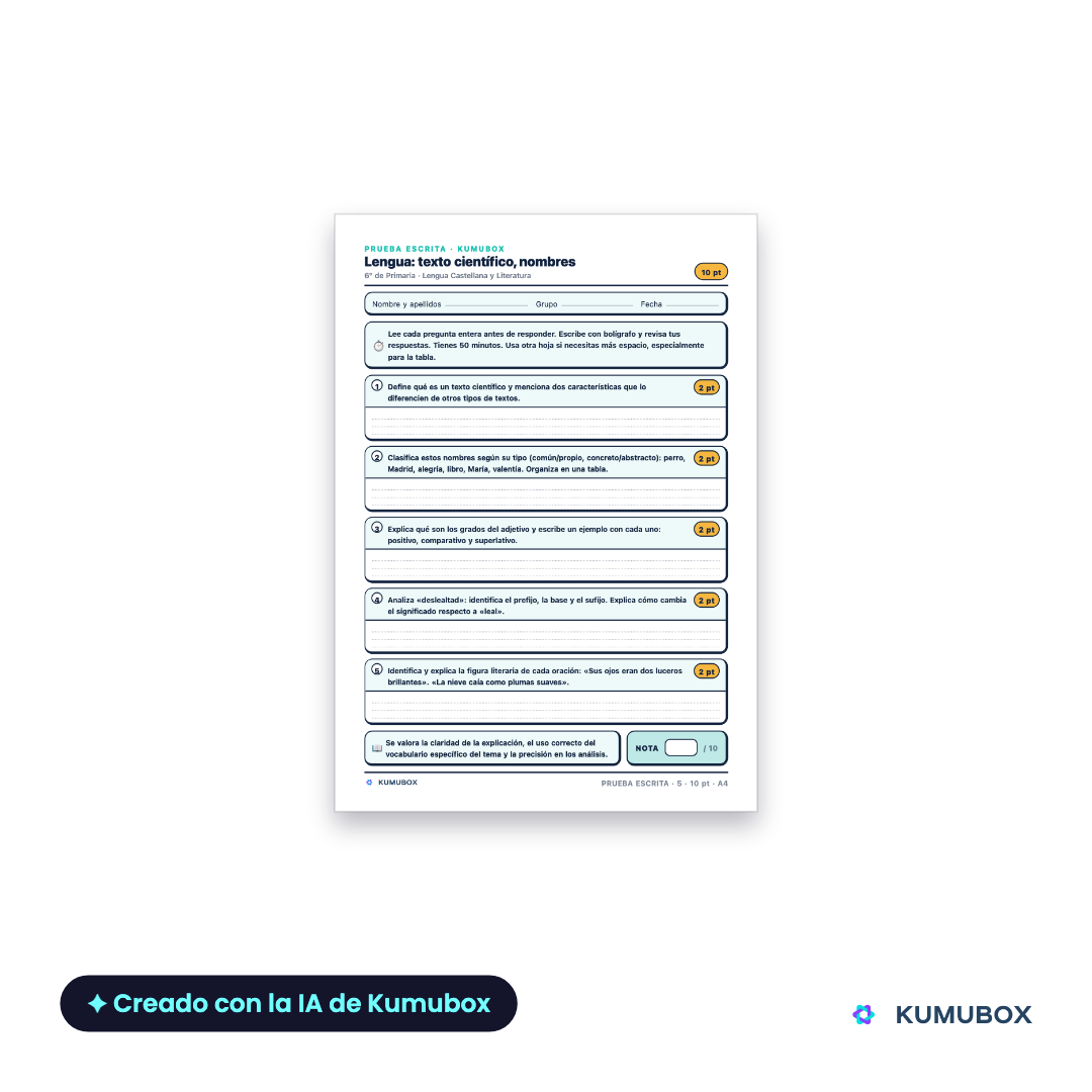 Prueba de Lengua para 6.º de Primaria: cinco preguntas, baremo sobre 10, solucionario y guía docente. PDF de cinco páginas para una sesión de 50 minutos.