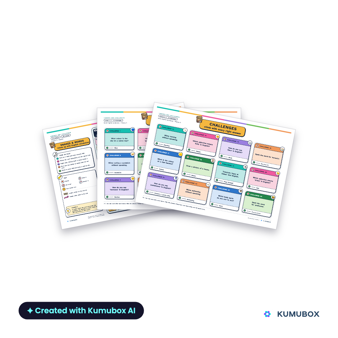 Repasa vocabulario inglés de 5º de Primaria con un tablero de 100 casillas y 24 tarjetas de retos. PDF de 5 páginas con guía docente.