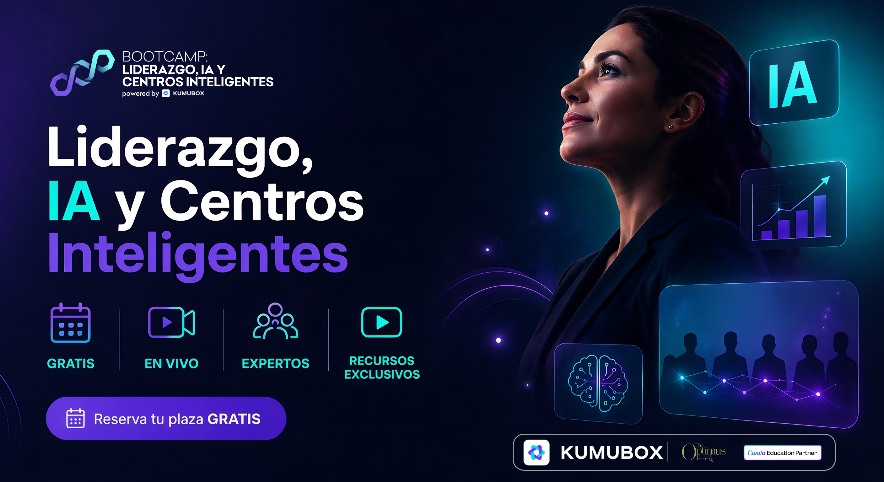 Bootcamp educativo sobre inteligencia artificial, liderazgo e innovación para docentes y centros educativos. Aprende automatización, Canva e IA aplicada al aula