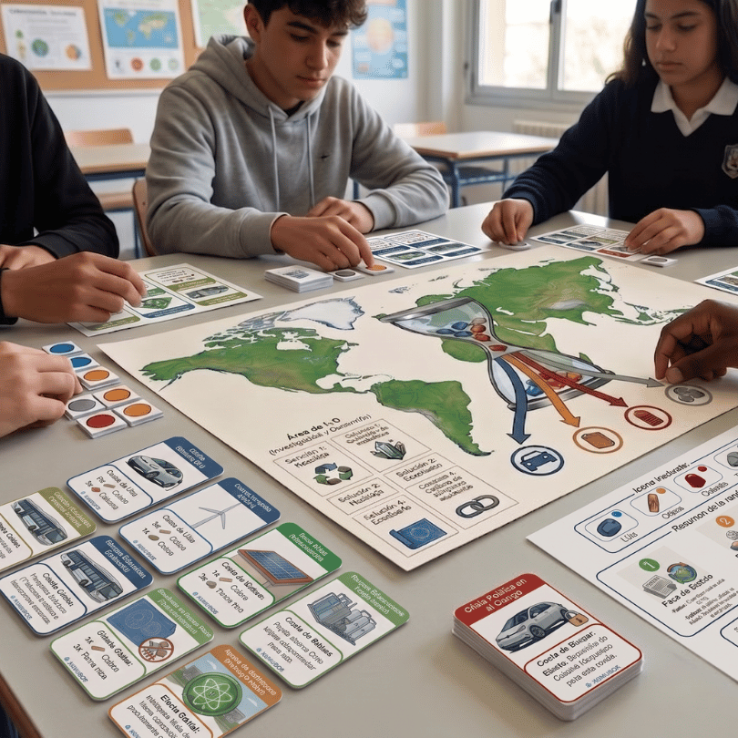 Juego de mesa estratégico para 4º de ESO sobre la transición energética y los minerales críticos. Trabaja la geopolítica, el ecodiseño y la economía circular