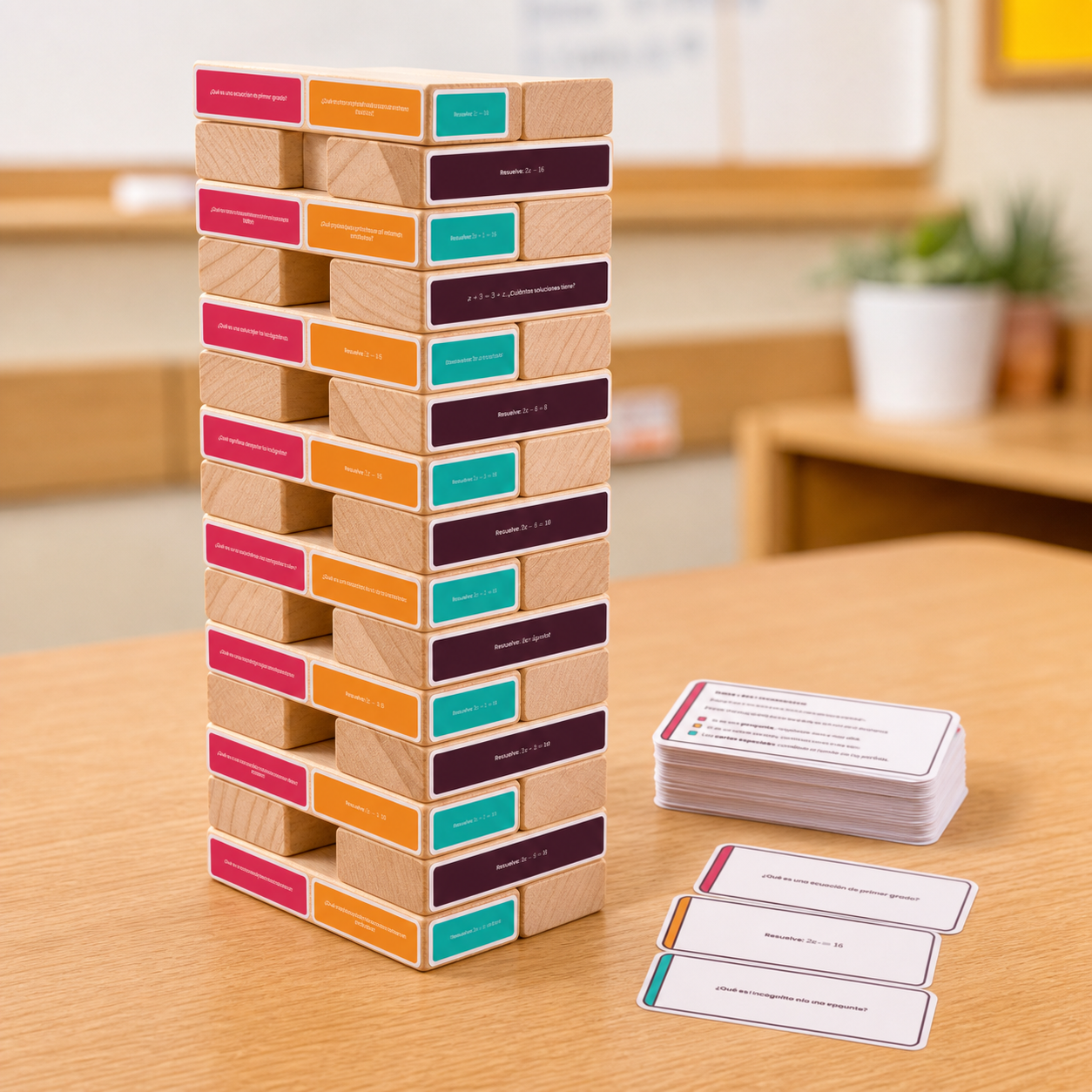 Juego imprimible de ecuaciones de primer grado para 1.º de ESO: 28 preguntas, solucionario y 16 cartas especiales para una torre de bloques.