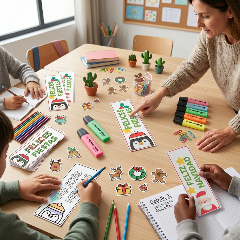 marcapáginas navideños en color y blanco y negro para regalar a los alumnos en navidad diseñados para todos los niveles con vocabulario específico navideño idea...