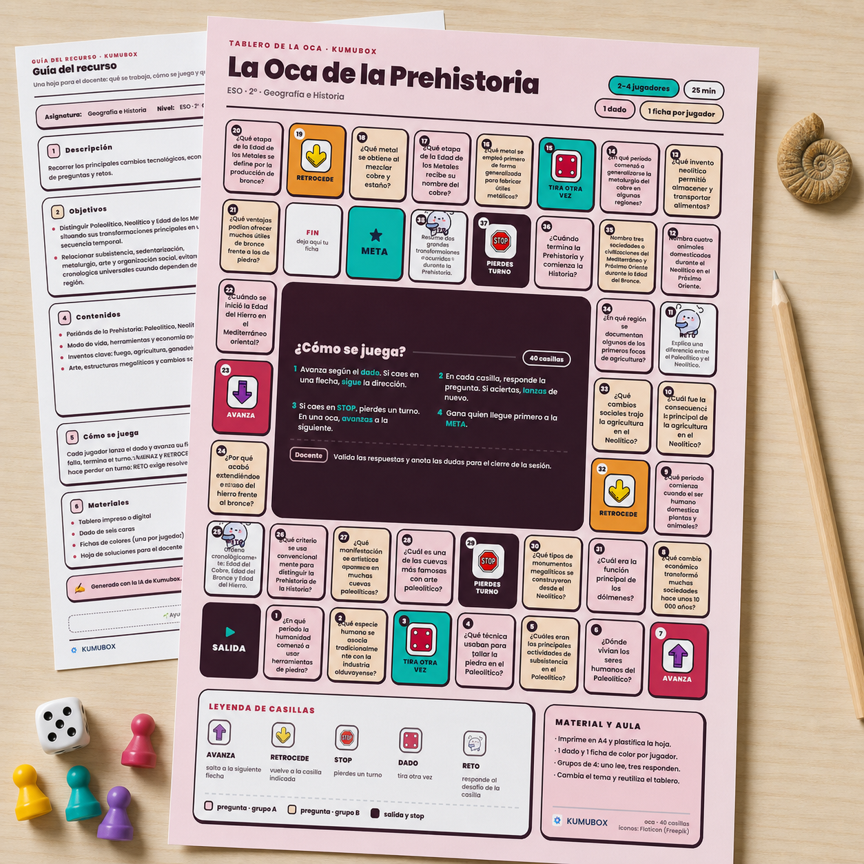 Juego imprimible tipo Oca con preguntas y retos sobre Paleolítico, Neolítico y Edad de los Metales para Geografía e Historia en ESO.