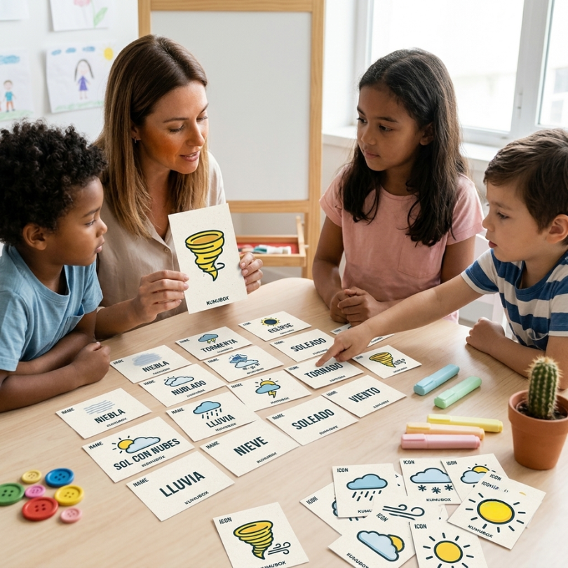 Descarga estas flashcards de fenómenos atmosféricos diseñadas para 1.º de Primaria. Un recurso visual e inclusivo (DUA).