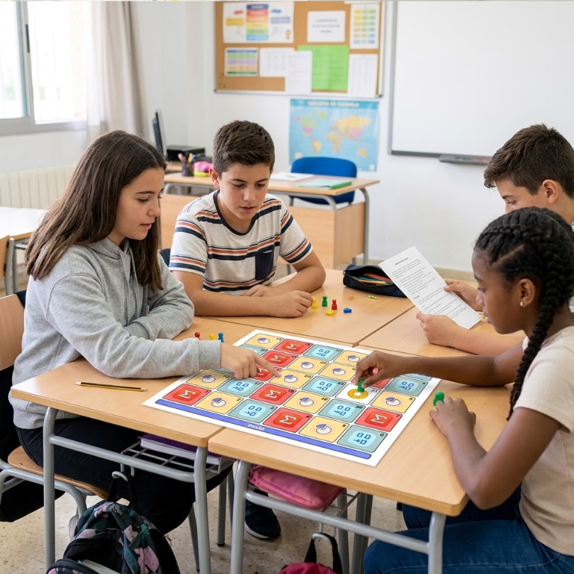 Recurso didáctico gamificado en tablero para 1º de ESO. Trabaja operaciones con enteros, fracciones y decimales mediante 72 cartas graduadas y resolución