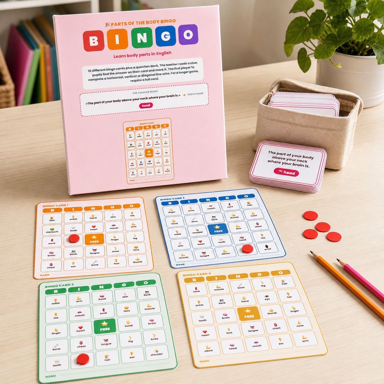 Bingo imprimible de partes del cuerpo en inglés para Primaria: 10 cartones, 30 pistas, tarjetas recortables y guía docente.