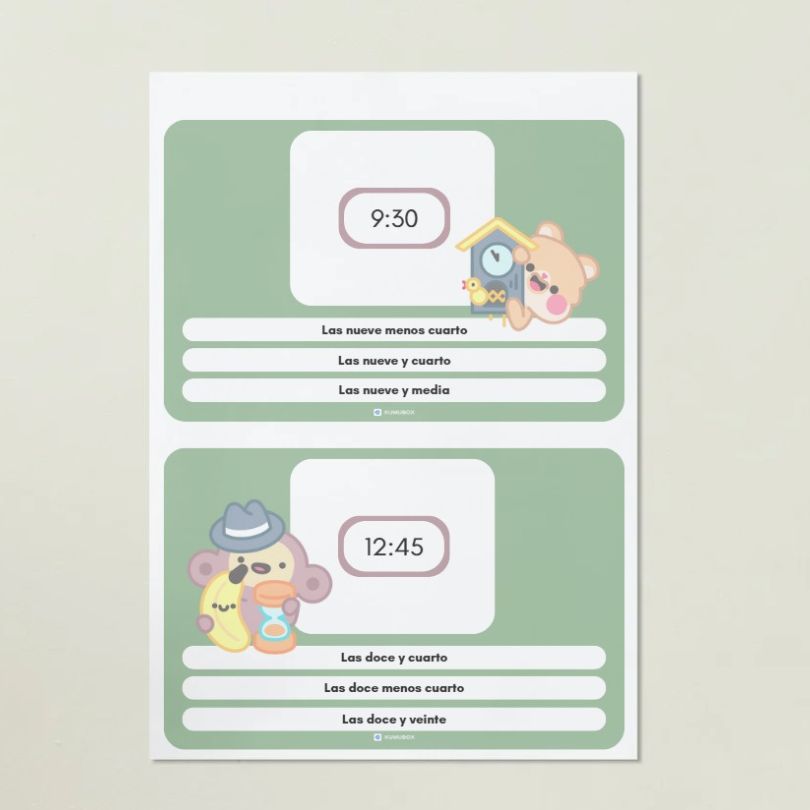 Recurso imprimible para trabajar la lectura del reloj en primaria, enfocado en la identificación de horas analógicas con ejercicios visuales y progresivos.