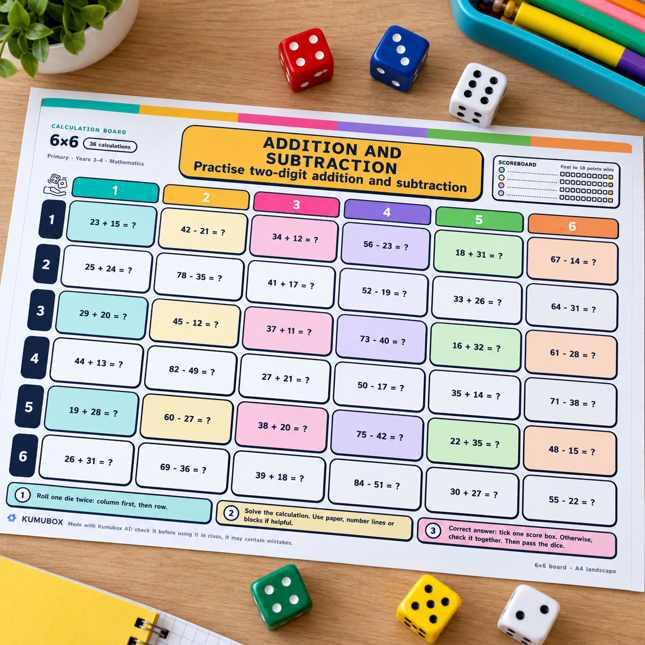 Tablero 6×6 en inglés con 36 sumas y restas de dos cifras, guía y soluciones. Para 3.º–4.º de Primaria, con apoyos de cálculo.