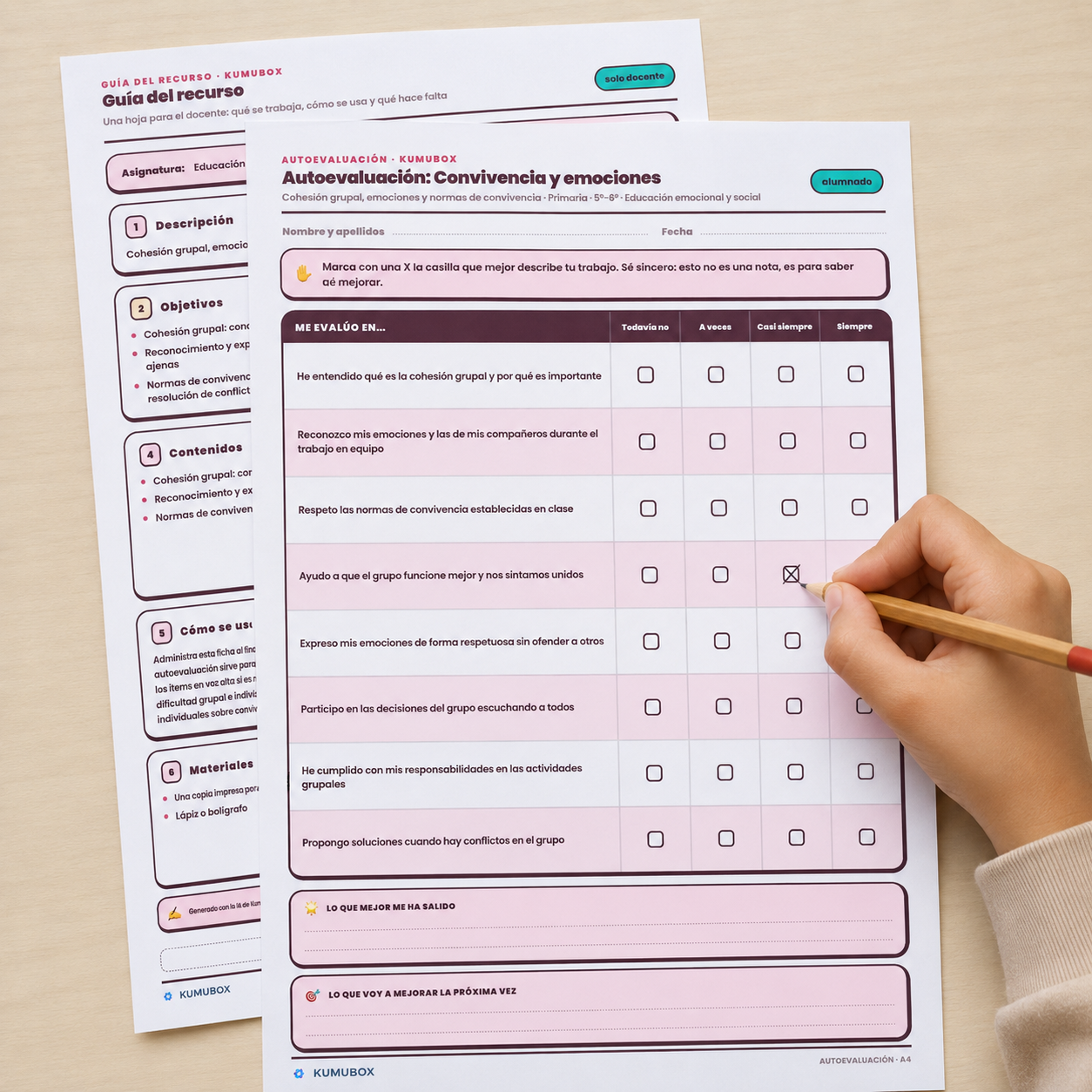 Ficha de autoevaluación para 5.º y 6.º de Primaria sobre cohesión grupal, emociones, responsabilidades y normas de convivencia.