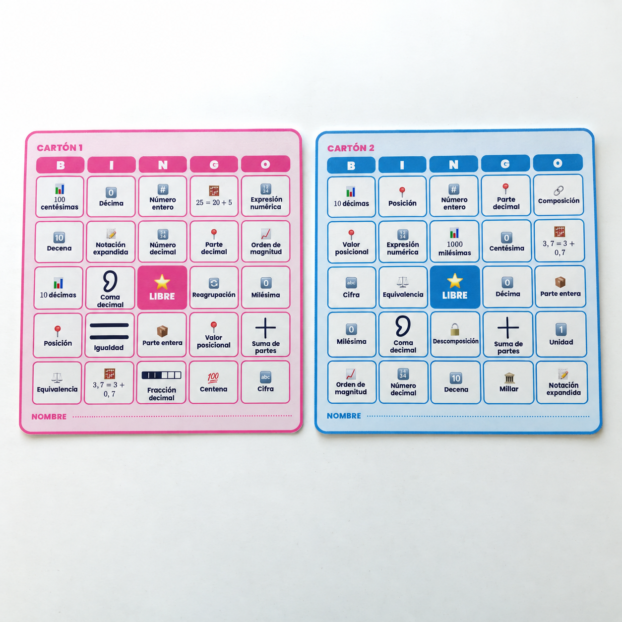 Bingo de vocabulario del valor posicional para 6.º de Primaria: 18 cartones, 30 fichas para cantar y guía docente. Repaso oral y reconocimiento de términos.