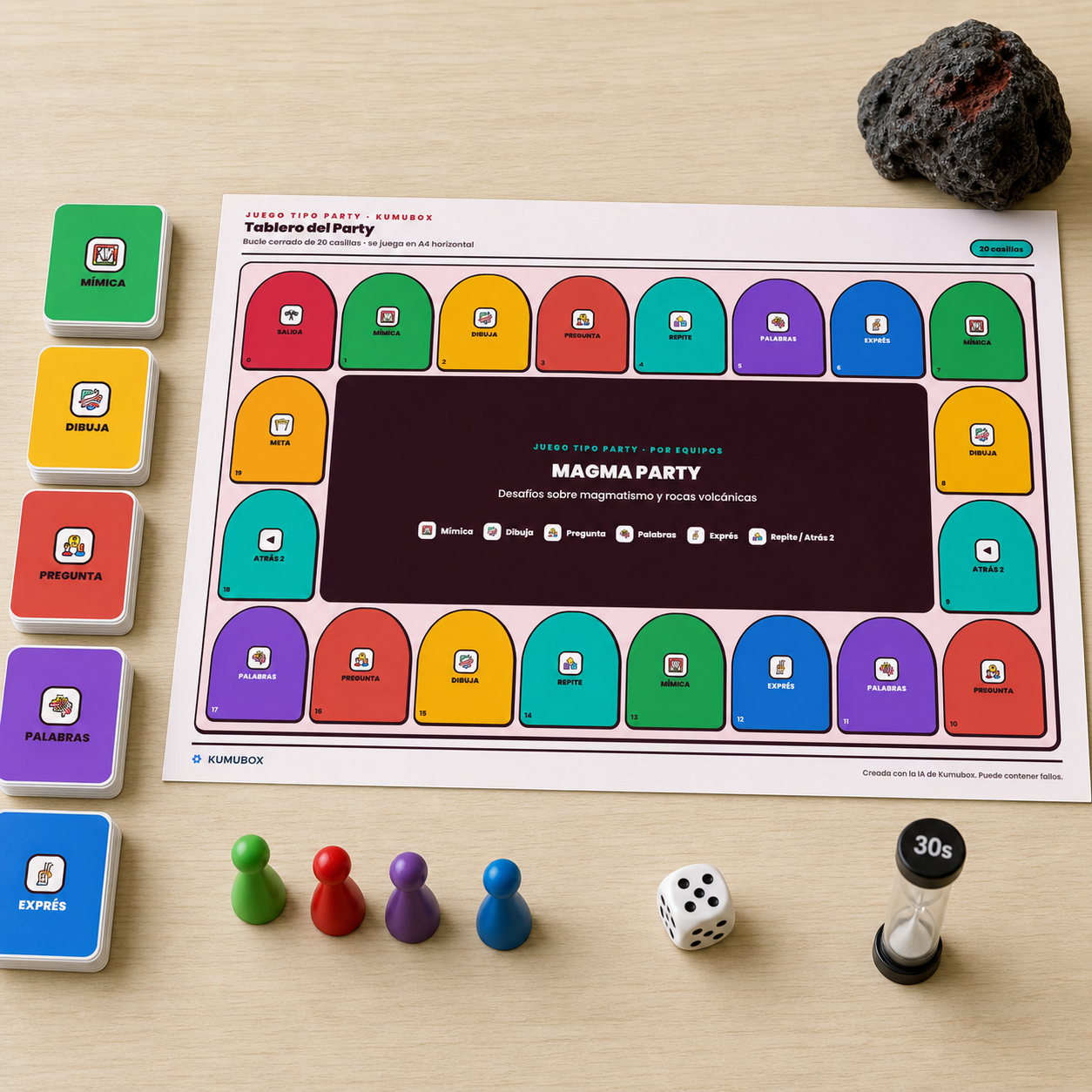 Juego Party imprimible con tablero y 50 cartas sobre magmatismo, tectónica, rocas plutónicas y volcánicas para 1.º de Bachillerato.