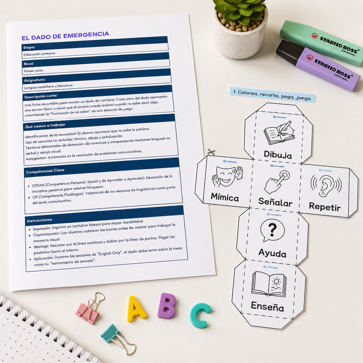 Descarga "The Emergency Dice", un dado recortable diseñado para que tus alumnos de Primaria utilicen la mímica y el dibujo en clase de inglés sin hablar español