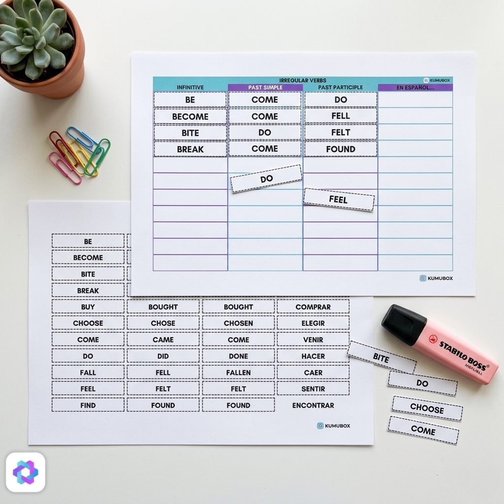 recurso educativo manipulativo para aprender y clasificar 37 verbos irregulares en inglés incluye una tabla a4 y 148 tarjetas con los verbos en infinitive past...