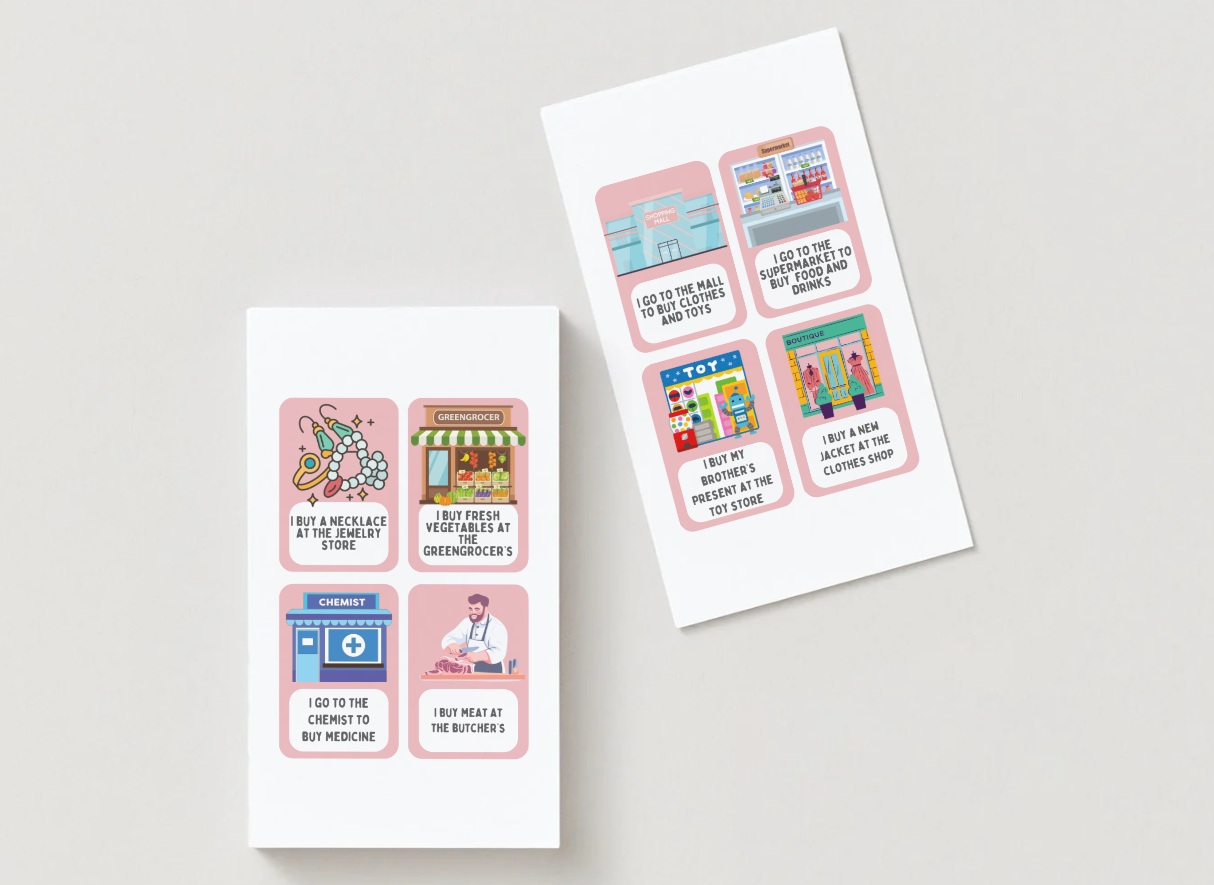 Juego de cartas para aprender vocabulario en inglés sobre compras y productos. Ideal para actividades orales, dinámicas grupales y refuerzo del léxico