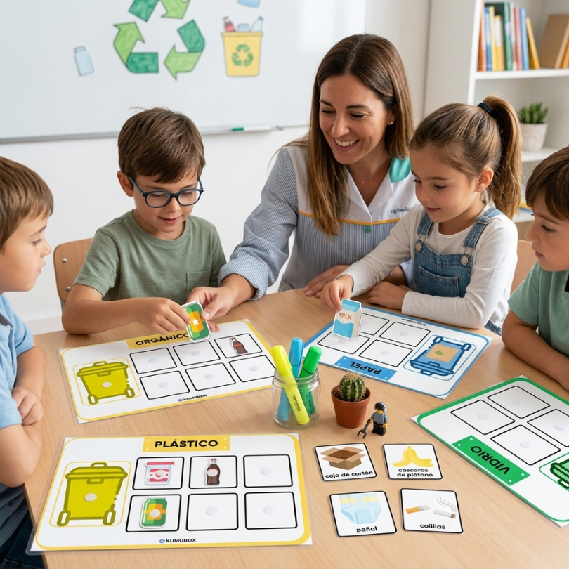 este recurso educativo diseñado para el primer ciclo de primaria incluye cuatro tableros en tamaño a4 y 24 fichas ilustradas con distintos tipos de basura los e...