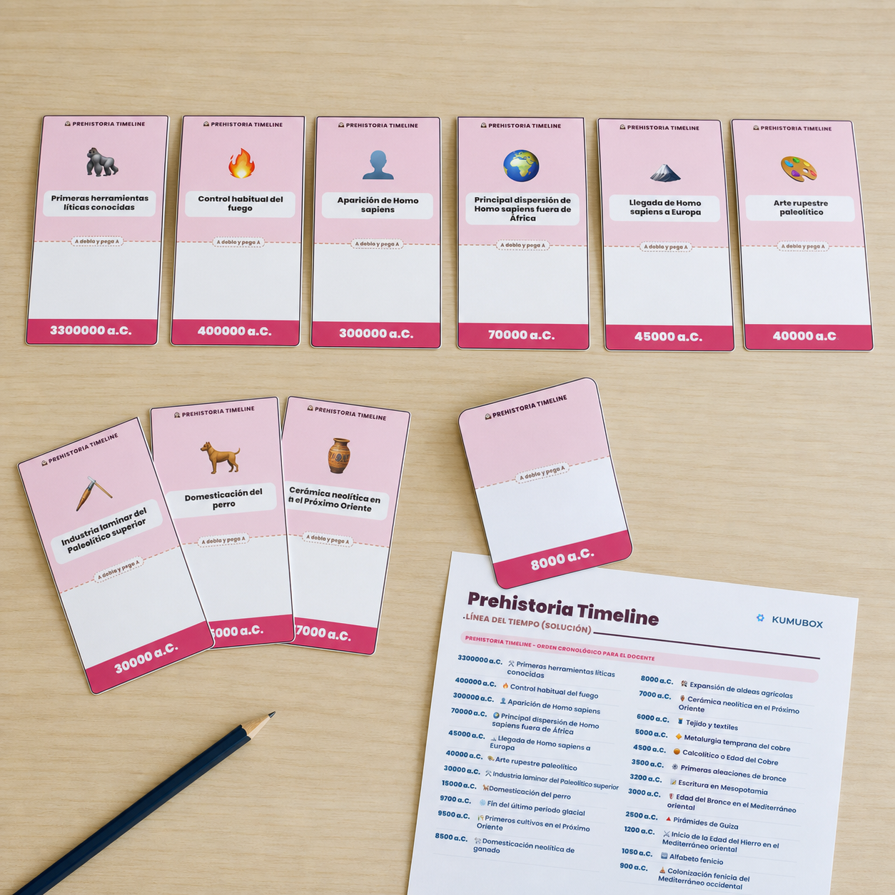 Juego imprimible de 23 cartas para ordenar hitos de la Prehistoria y su transición a la Historia en Geografía e Historia de ESO.