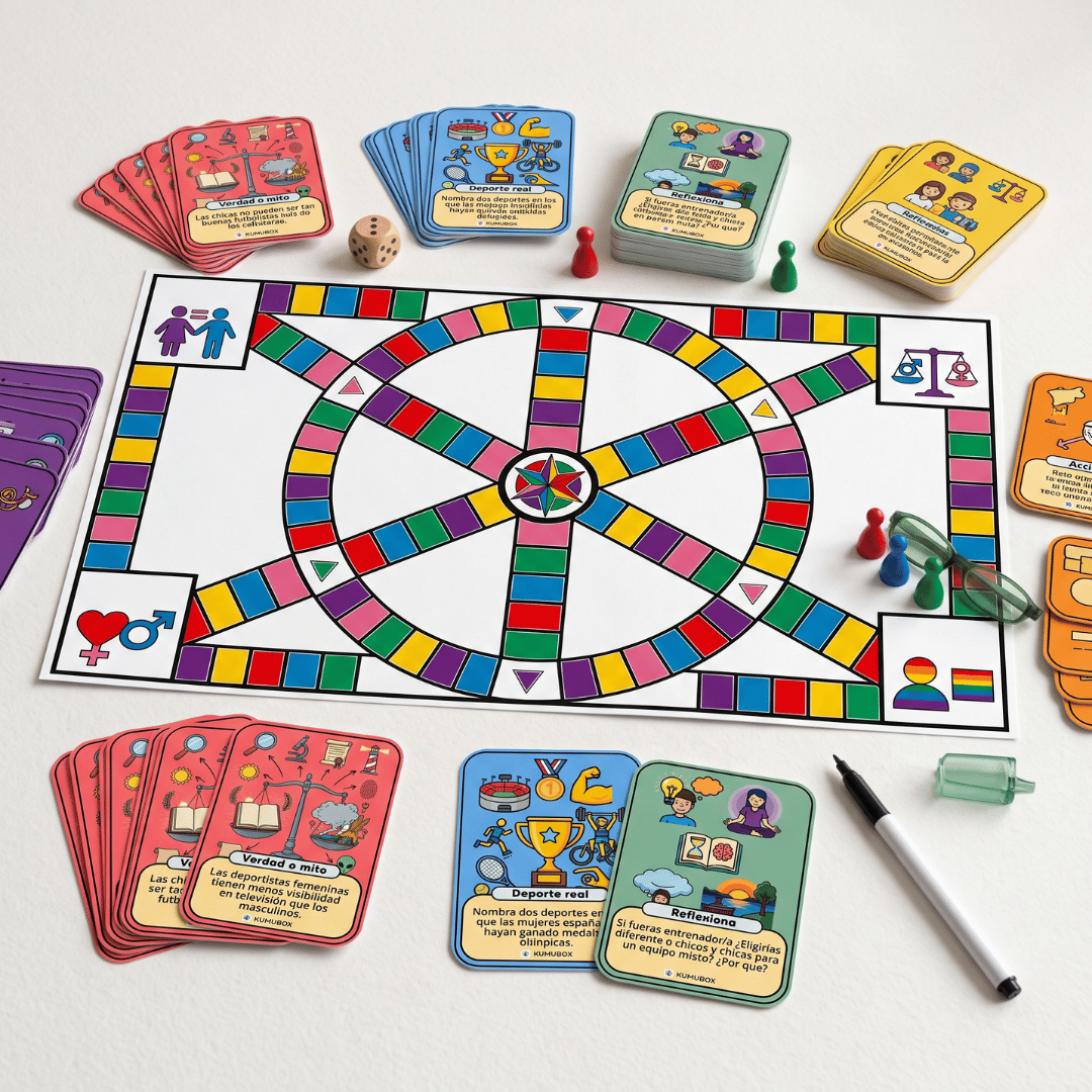 Un juego de mesa educativo para trabajar los estereotipos en el deporte, referentes femeninas y la coeducación en Educación Física. Incluye DUA y 5 SdA