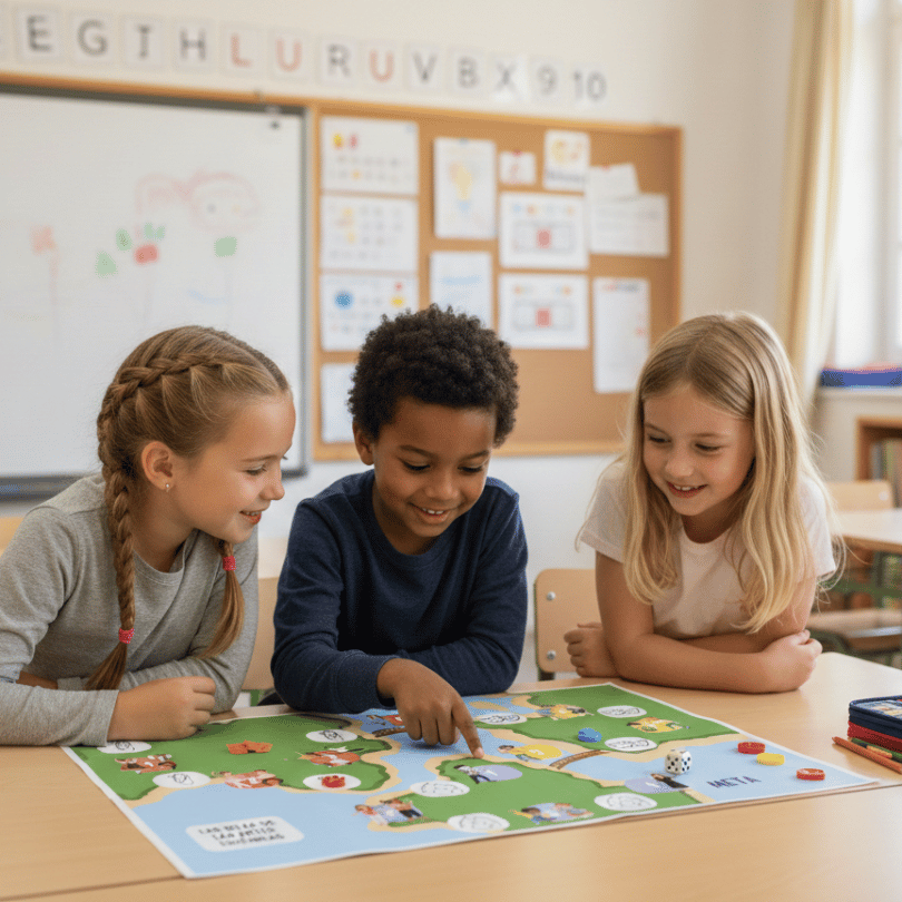 Juego de mesa educativo sobre artes escénicas para Primaria con preguntas tipo test y retos de interpretación que fomentan creatividad, trabajo en equipo y comp