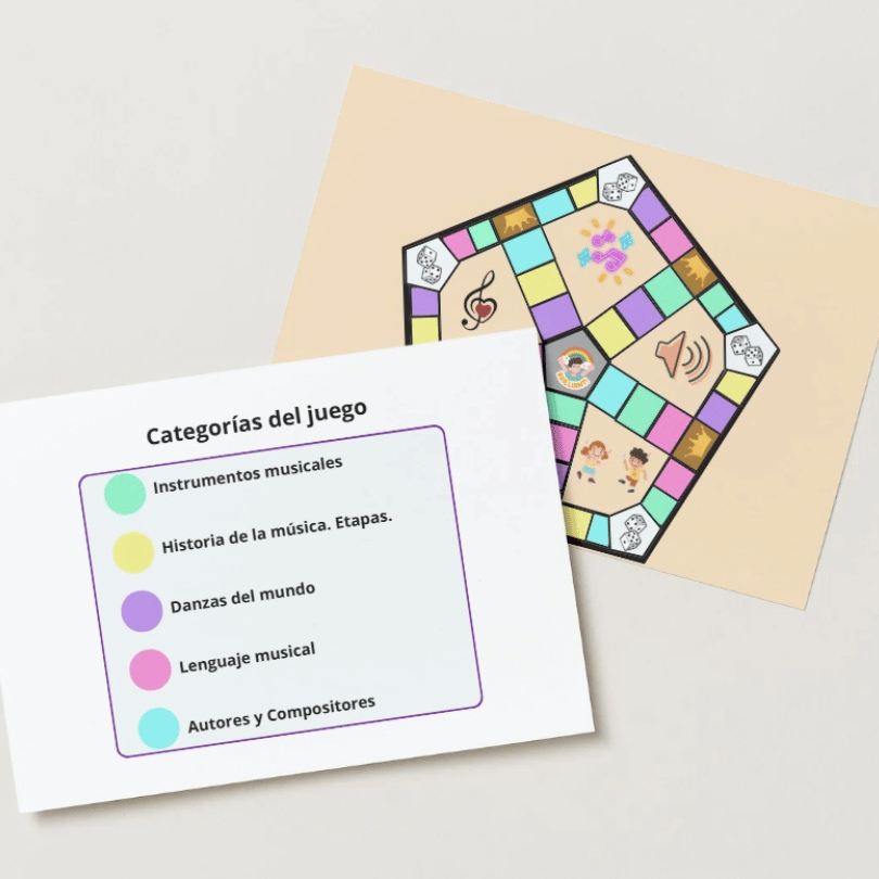 Juego de preguntas tipo trivial sobre música, ideal para repasar teoría, historia y cultura musical de forma divertida en primaria y secundaria.