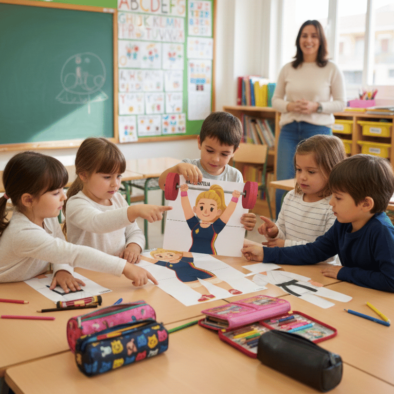 Recurso manipulativo para primaria sobre 10 deportistas españolas que fomenta la igualdad, el vocabulario deportivo y el trabajo cooperativo mediante fichas