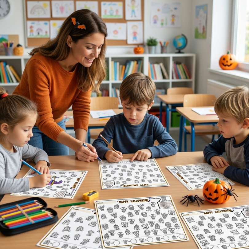 Este recurso educativo "Halloween - ¡Detectives por un día!" incluye 8 modelos de fichas con dibujos temáticos de Halloween para que los niños jueguen a contar