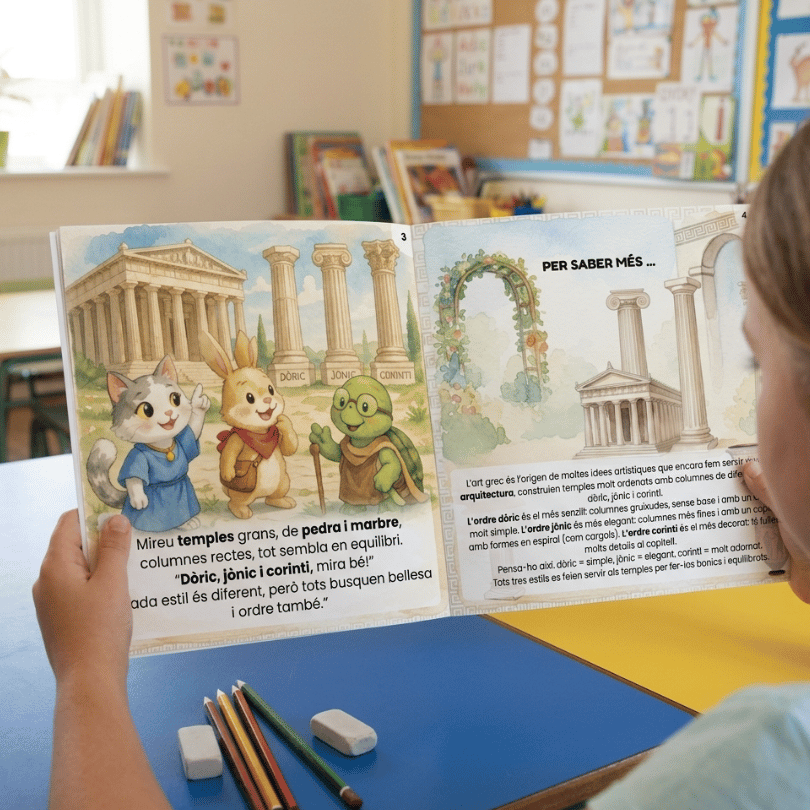 Recurso educativo en PDF sobre el arte de la Grecia Clásica. Incluye cuento, actividades sobre órdenes arquitectónicos y propuestas didácticas alineadas con DUA