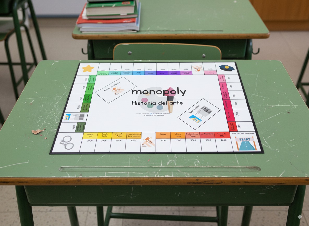 Juego educativo tipo Monopoly adaptado a la Historia del Arte para repasar estilos, obras y autores de forma divertida en secundaria y bachillerato.