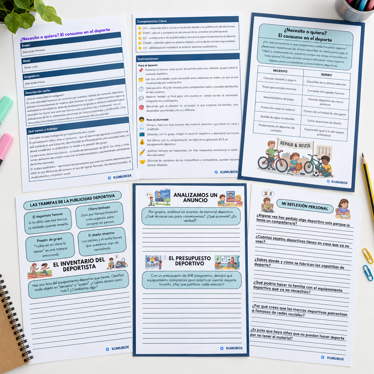 Recurso educativo para tercer ciclo de Primaria sobre consumo responsable en el deporte, publicidad, presupuesto y toma de decisiones críticas.