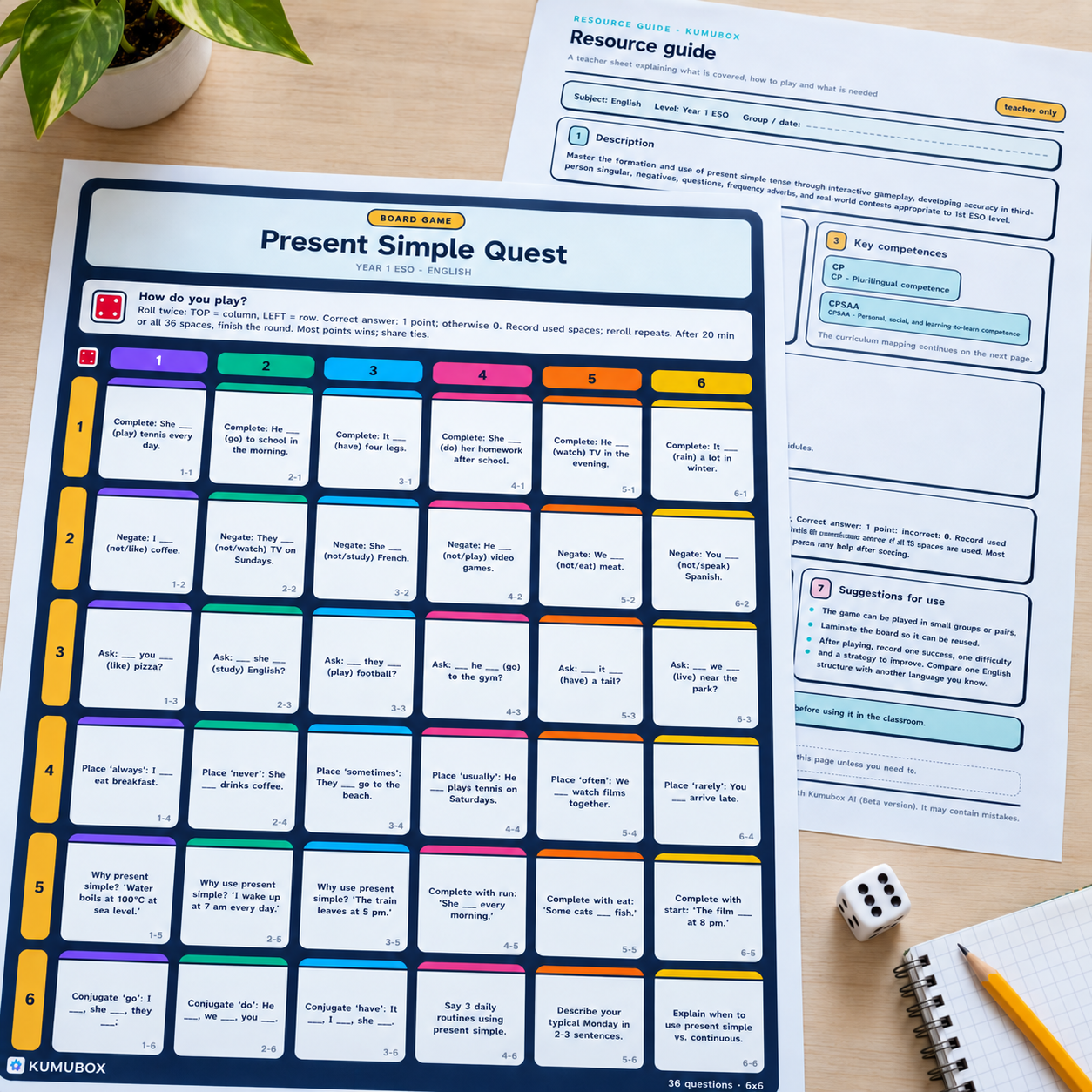Tablero 6×6 en inglés con 36 preguntas de present simple para 1º ESO. Incluye guía y soluciones para jugar por coordenadas durante 20 minutos.
