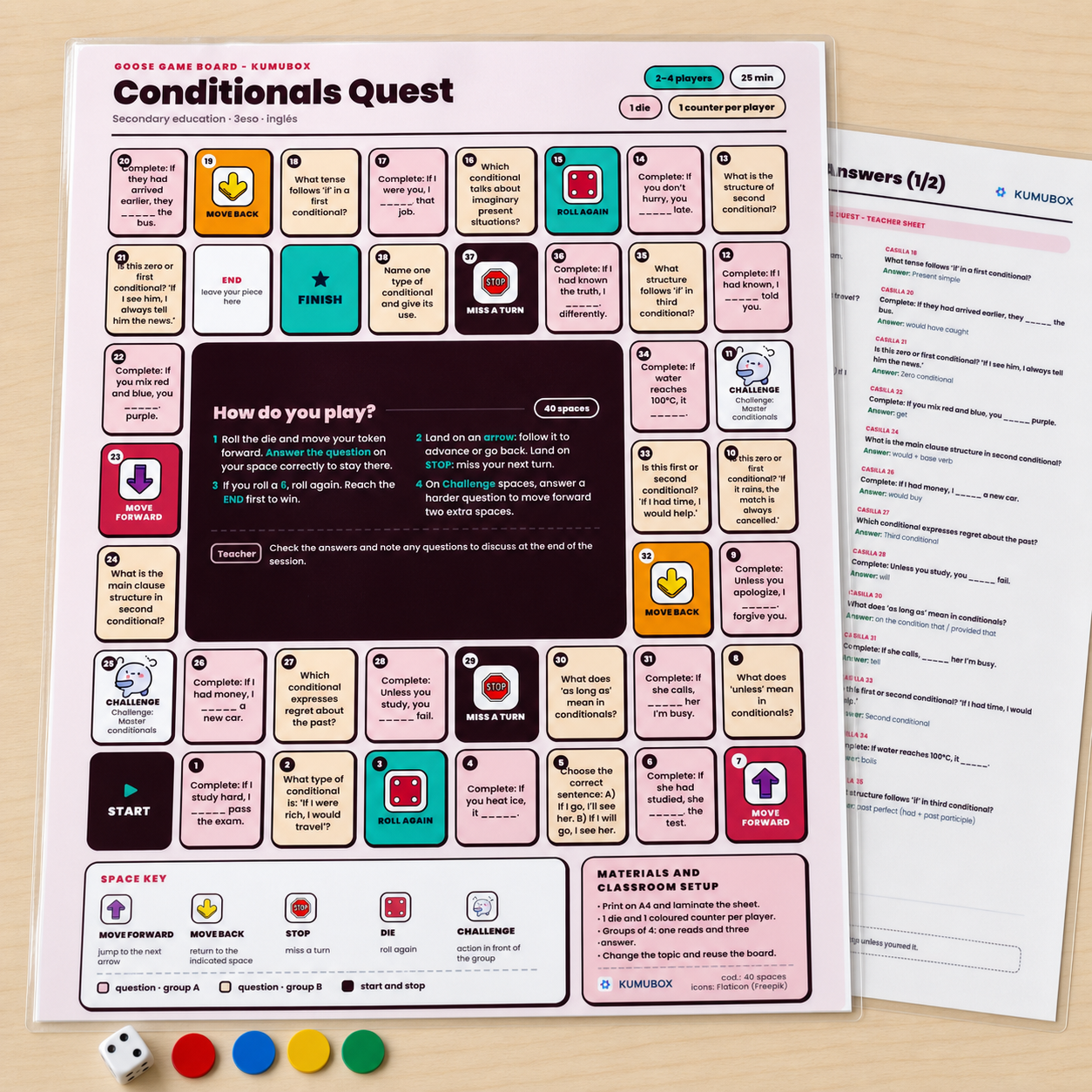 Printable English board game for 3º ESO to practise zero, first, second and third conditionals, with 28 questions and teacher answer key.