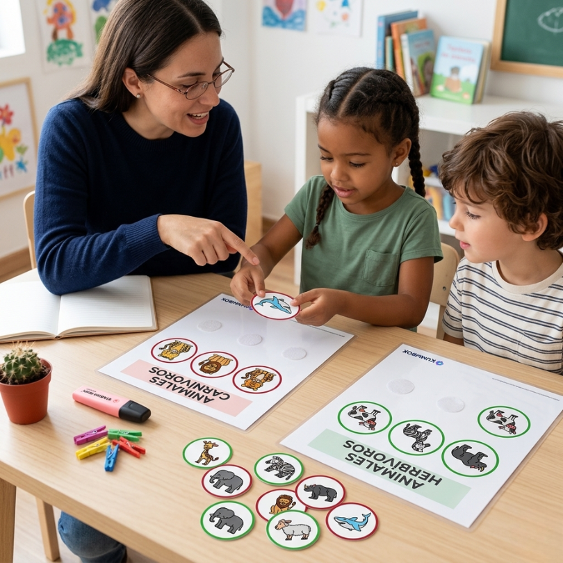 recurso educativo para clasificar animales carnívoros y herbívoros diseñado especialmente para alumnado con tea incluye dos tableros diferenciados y 10 fichas i...