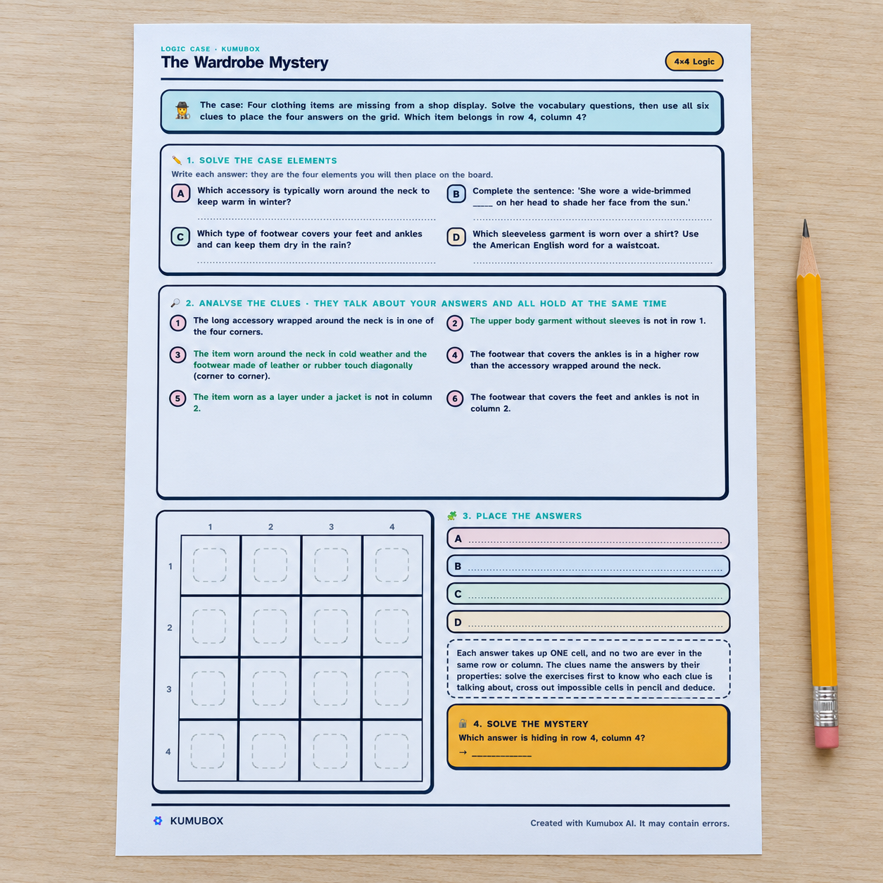 Caso lógico imprimible en inglés para 4.º de ESO: cuatro preguntas de ropa, seis pistas y una cuadrícula 4×4, con guía y solucionario.