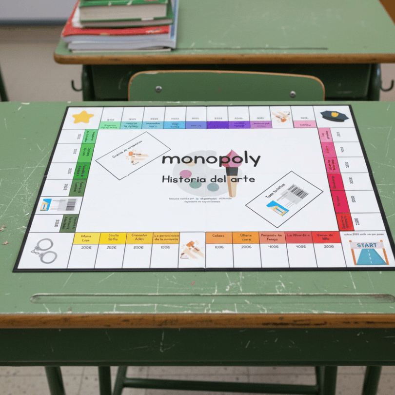 Juego educativo tipo Monopoly adaptado a la Historia del Arte para repasar estilos, obras y autores de forma divertida en secundaria y bachillerato.