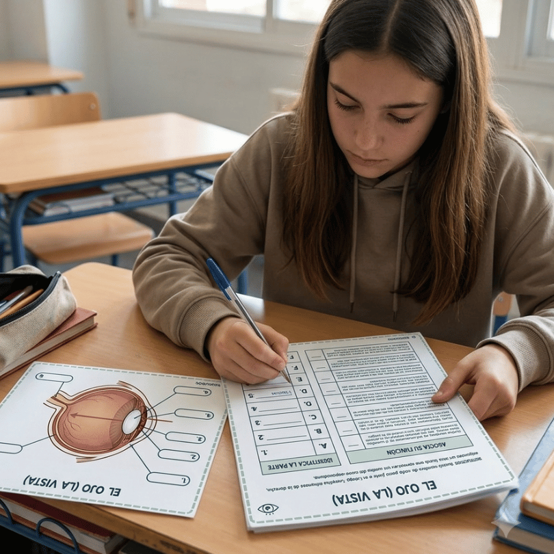 Pack didáctico interactivo de los órganos de los sentidos para Biología de 3.º de ESO. Incluye láminas anatómicas mudas, esquemas de asociación funcional, guía